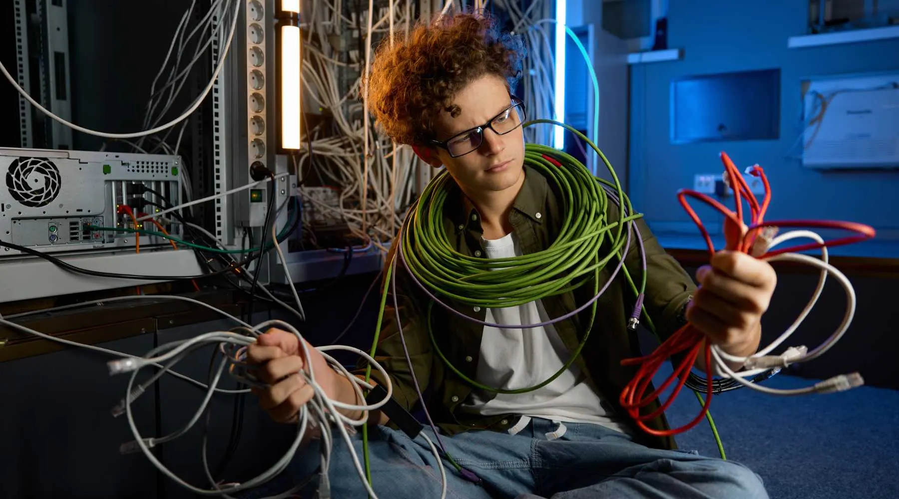 Man confused by ethernet cables