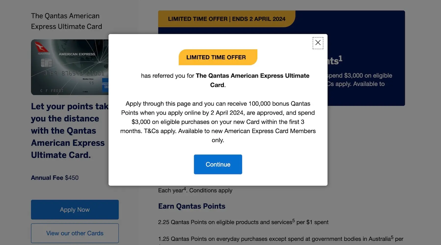 A screenshot of a referral offer for the Qantas American Express Ultimate Card, including details that it is a limited time offer.