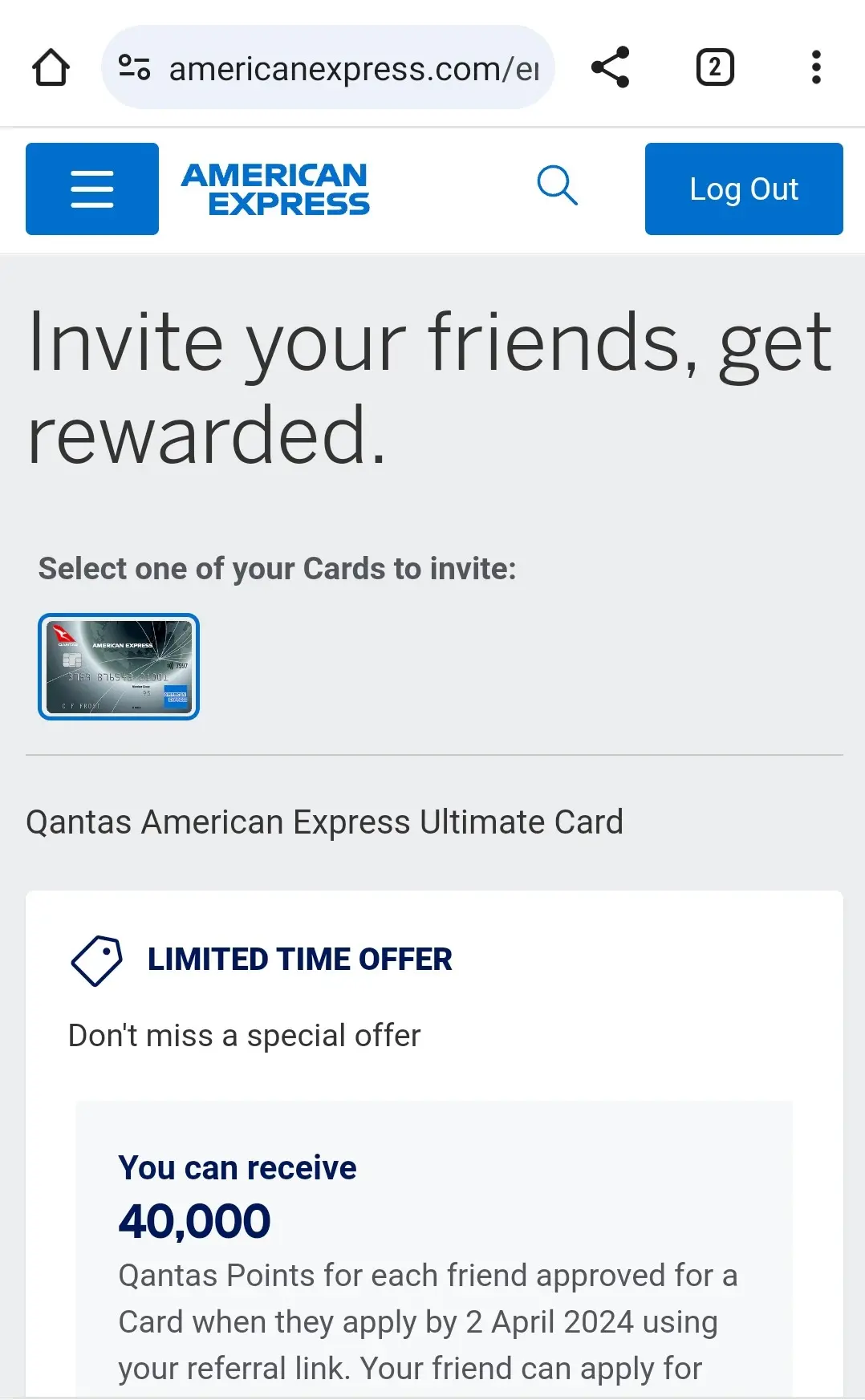 Details of an Amex referral bonus offer for the Qantas American Express Ultimate Card.