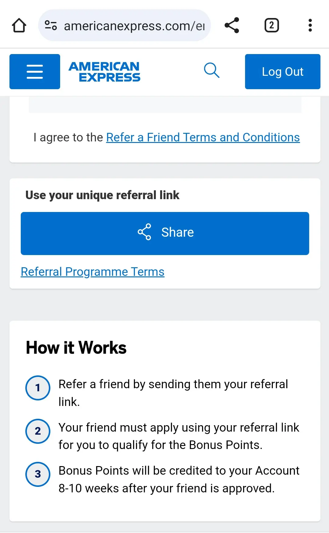 The share link for an American Express referral offer.