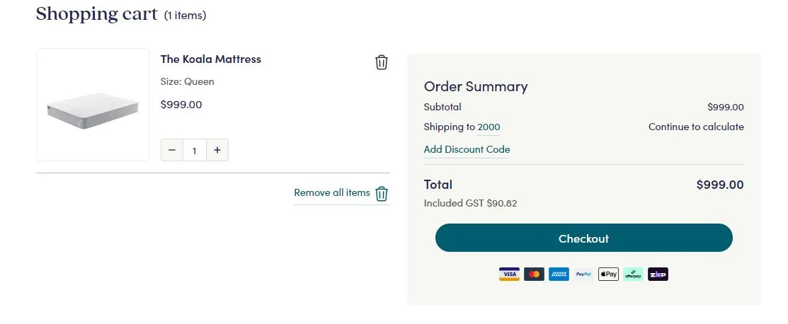 Screenshot of a Koala shopping cart, including the field where a discount code can be applied.