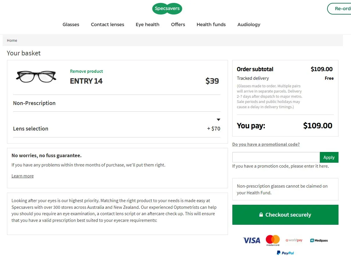 Specsavers checkout page with promo code field.