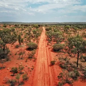 An aerial shot of the red centre roads in the Australian Outback.