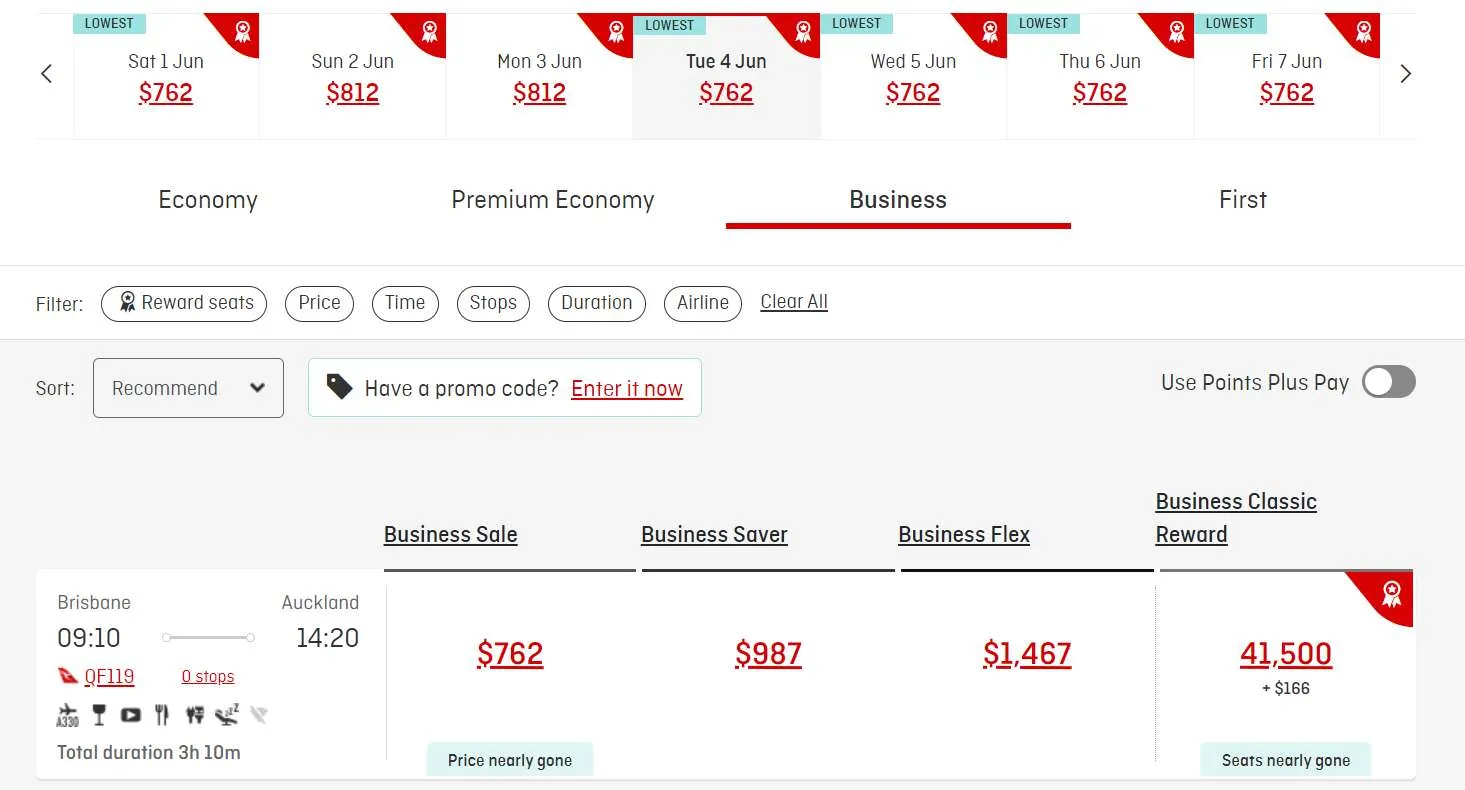 Example of frequent flyer availability on Qantas