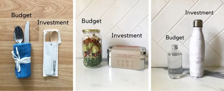 The budget vs investment options for cultery, food containers and drink bottles.