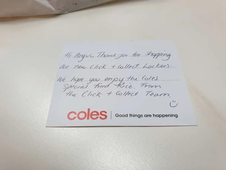 Coles Melbourne Airport lockers thank-you card