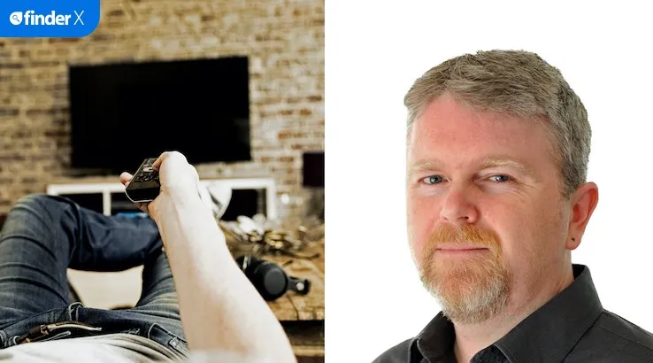 Composite image. Left: The back of a man sitting on a lounge pointing a remote at a tv. Right: Tech journalist Adam Turner.