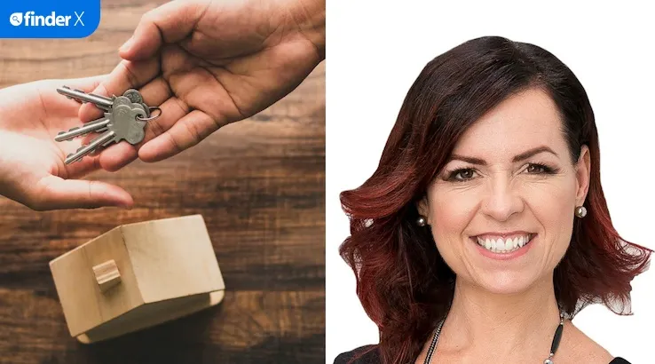 Composite image. Left: Hands holding house keys above a wooden model of a house. Right: Author and money commentator Nicole Pedersen-McKinnon.