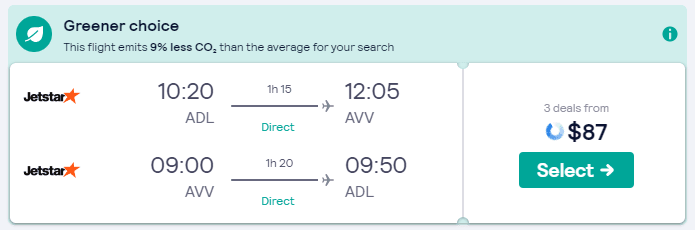 Screenshot of a Skyscanner flight with a greener choice symbol.