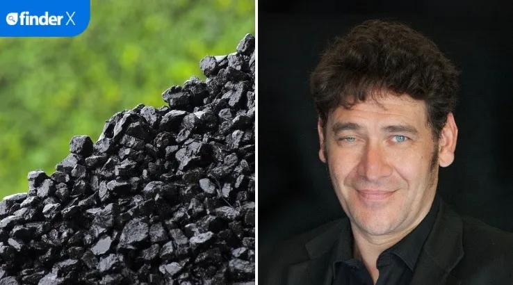 Composite image. Left: A pile of wet coal with greenery in the background. Right: Investments expert Rudi Filapek-Vandyck.