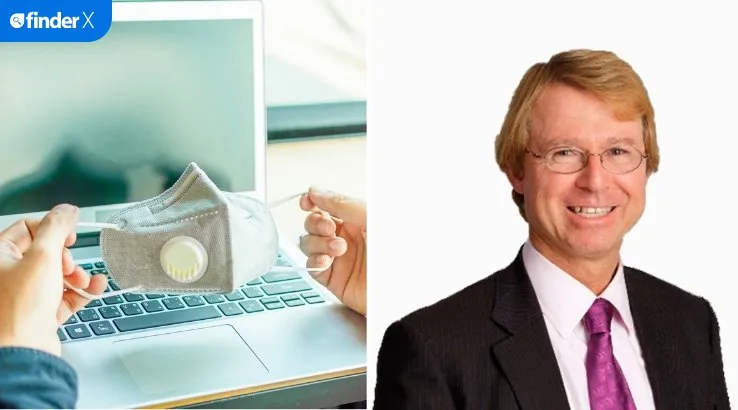 Composite image. Left: Cropped hands holding a face mask in front of a laptop. Right: Economist Shane Oliver.