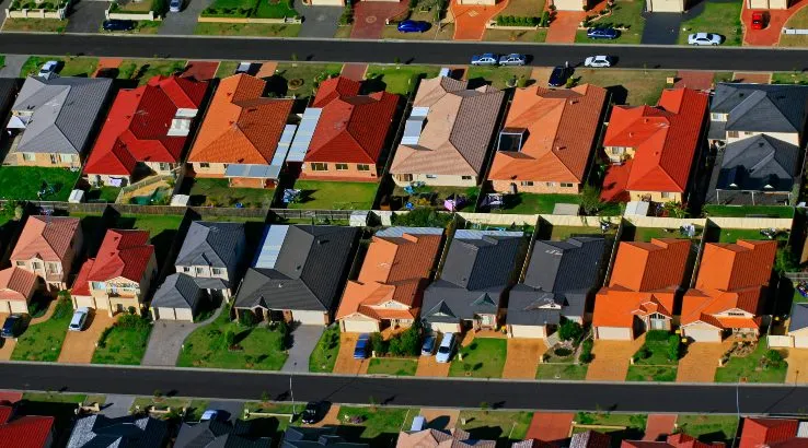 Aerial view of suburban rooftops in Sydney.