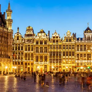 Grand Place square at dusk with illuminated historical buildings, Brussels, Belgium