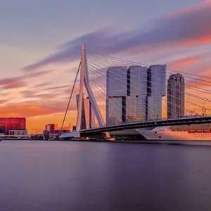 Long exposure of Rotterdam skylines during sunset. South Holland, Netherlands.