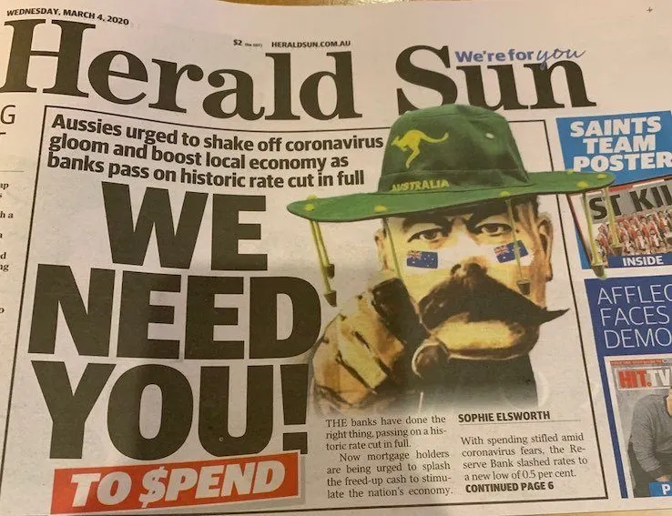 A photo of the front page of the Herald Sun paper for Tuesday 4 March 2020. It shows a man with Australian flag tattoos on his face pointing, with the headline 