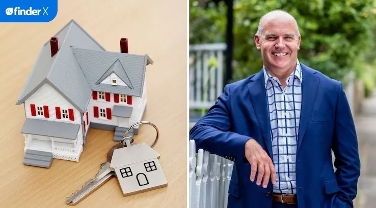 Composite image. Left: A model house next to a silver key and house-shaped keyring. Right: Property expert Rich Harvey.