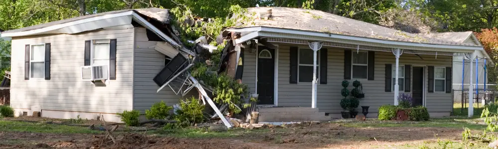 A damaged home after a large tree fell on it during a tornado. The tree has been remove.