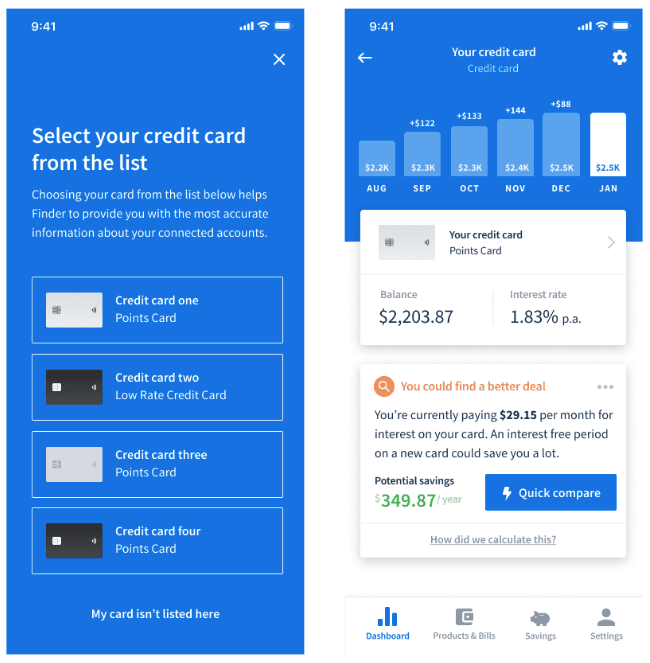 Finder app - credit card selection