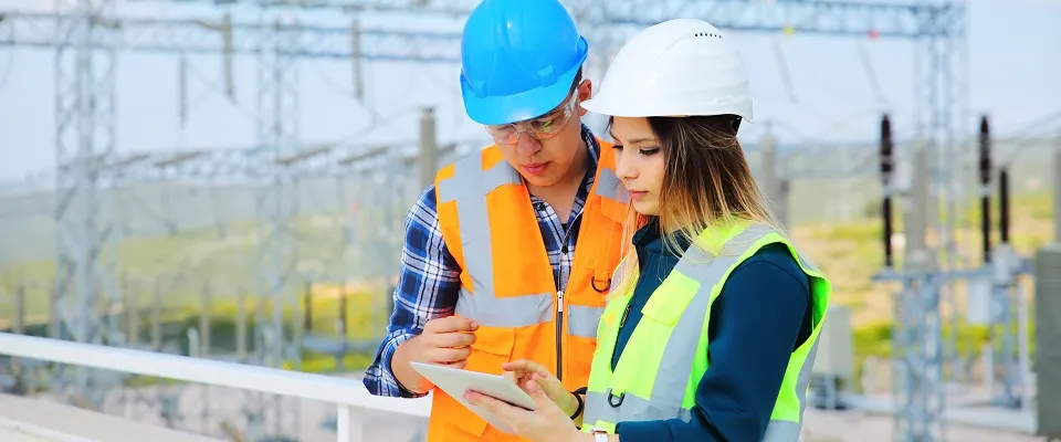 a male and female worker looking at their iPad at an electric power plant