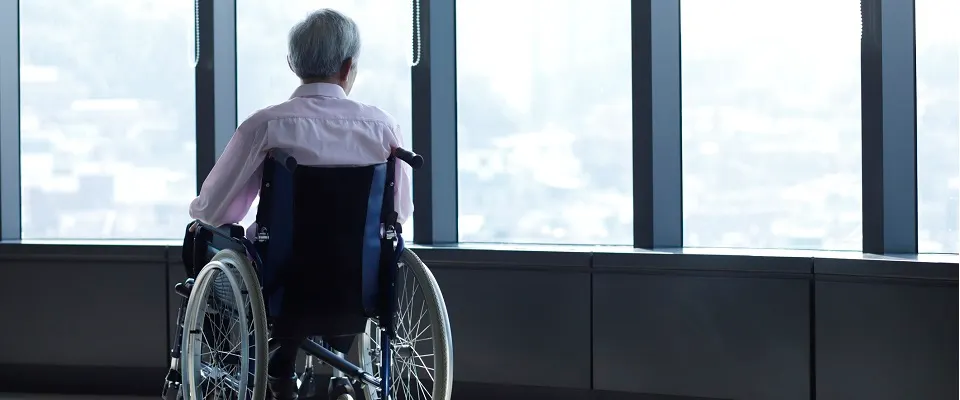 an image of an elderly male in a wheelchair looking out the window