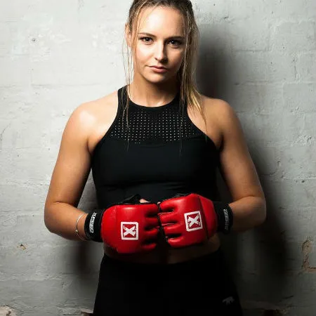 Woman with red boxing gloves on