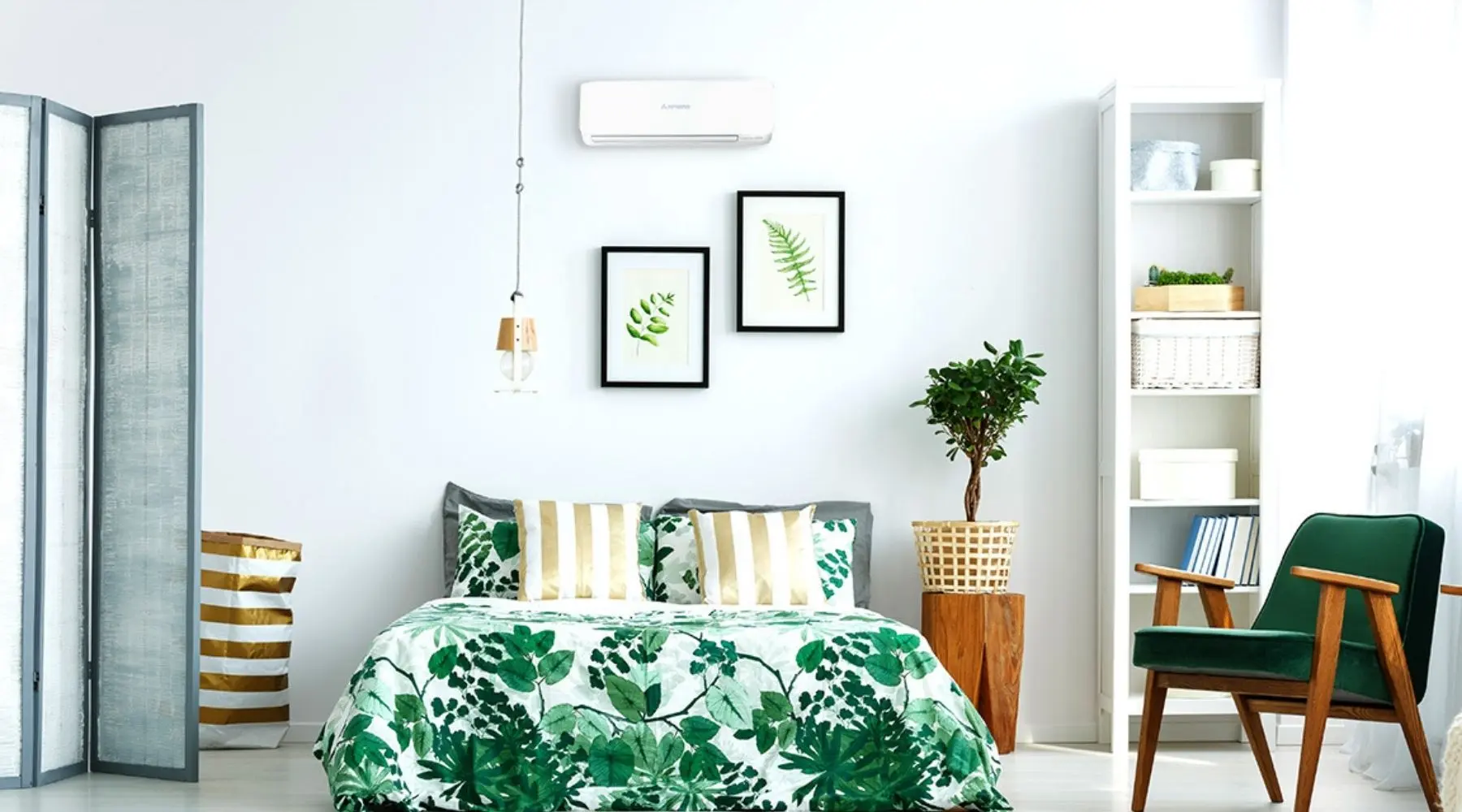A bedroom with an aircon unit.