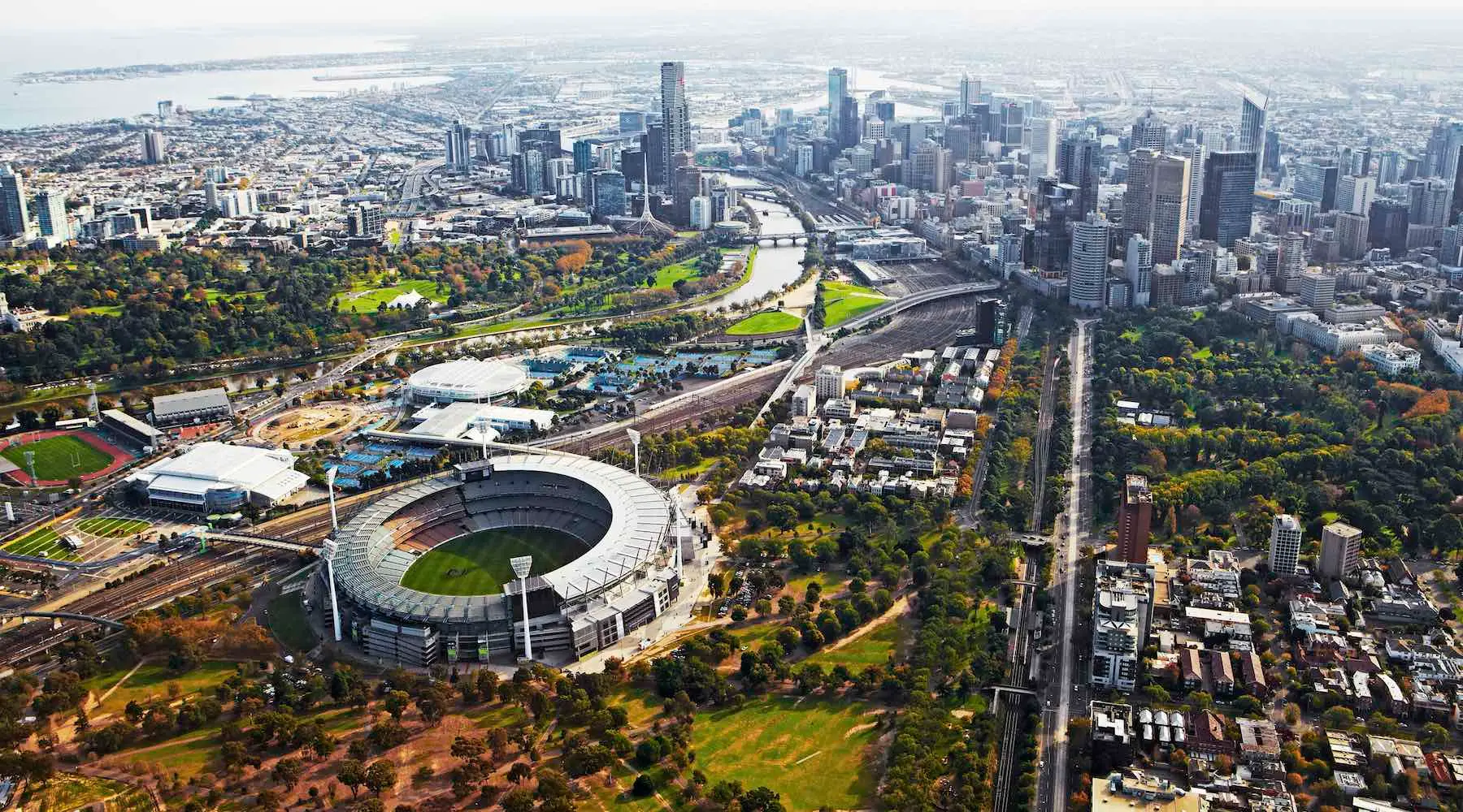 Ariel view over Melbourne Cricket Ground, Yarra River and the city of Melbourne