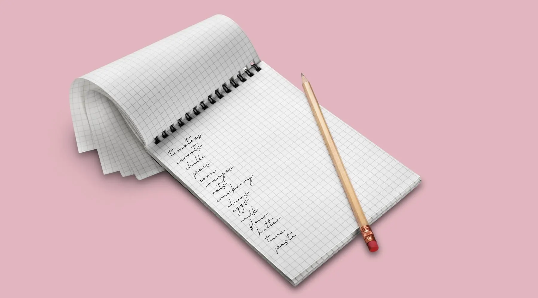 A hand-written grocery list on a pink background.