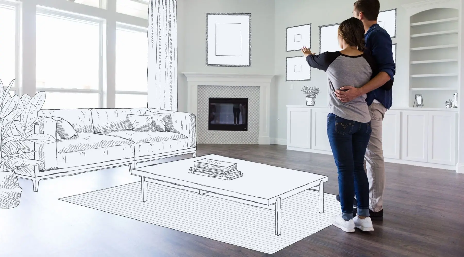 A young couple stand in the empty living room of their new home and imagine the room decor and furniture placement.