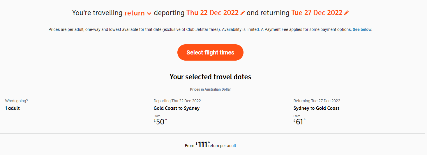 Jetstar Christmas flights - screenshot