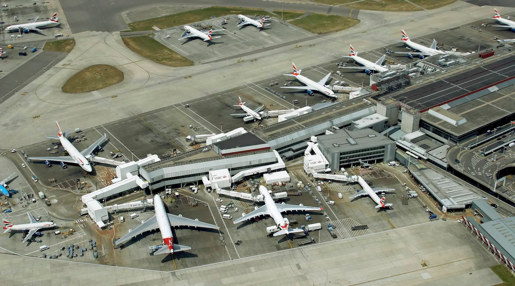 Aerial view of planes waiting at Heathrow airport.