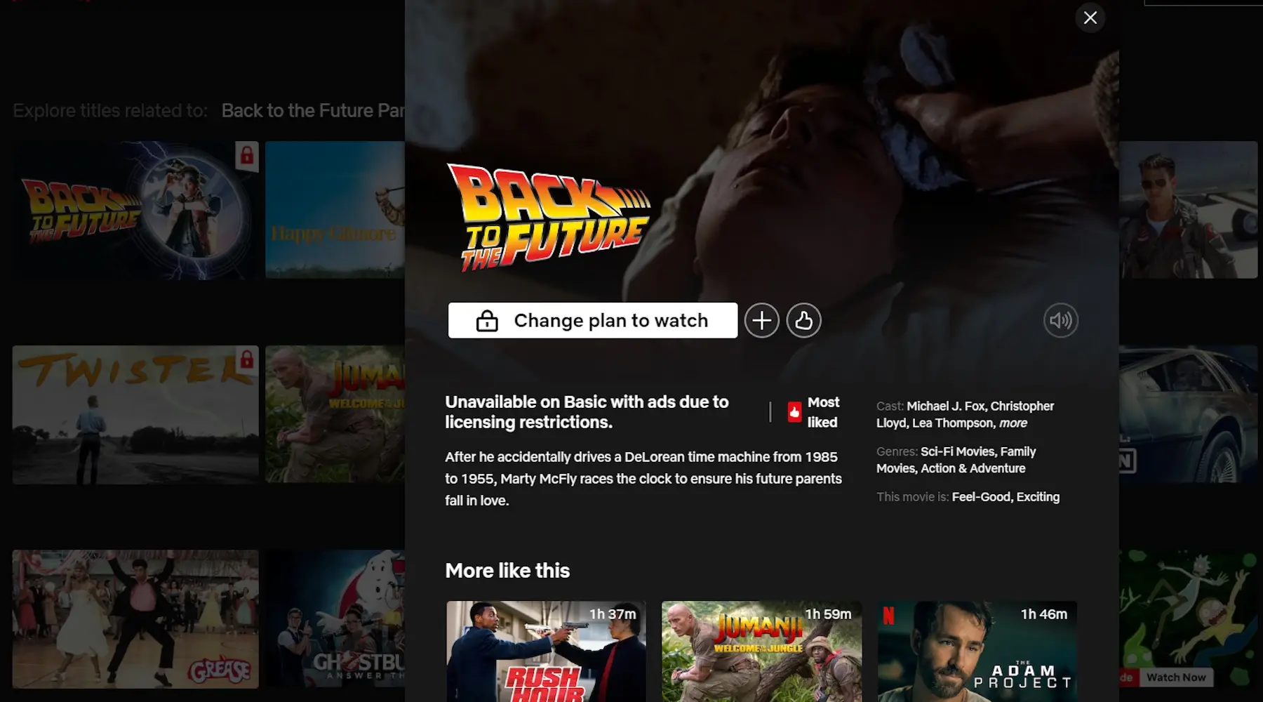 Back to the Future tile on Netflix, with a message showing it's unavailable to watch on the Basic with Ads plan
