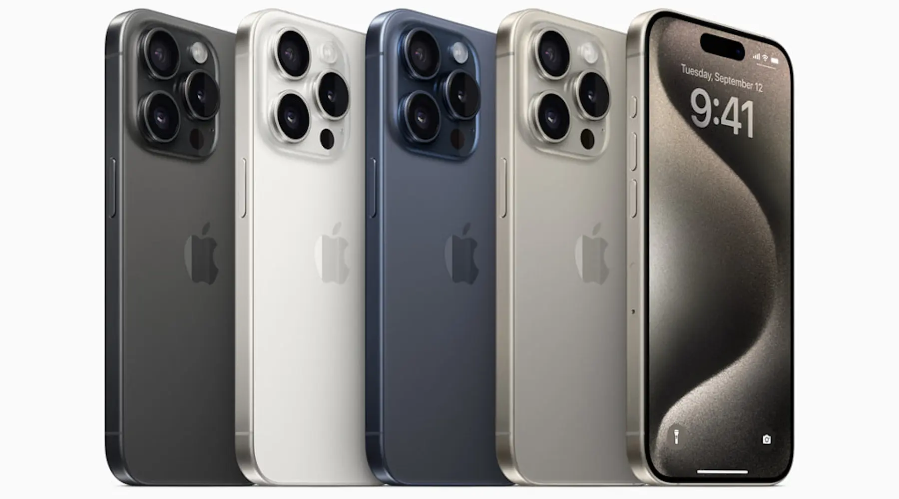 iPhone 15 Pro and iPhone 15 Pro Max finishes: black titanium, white titanium, blue titanium, and natural titanium.