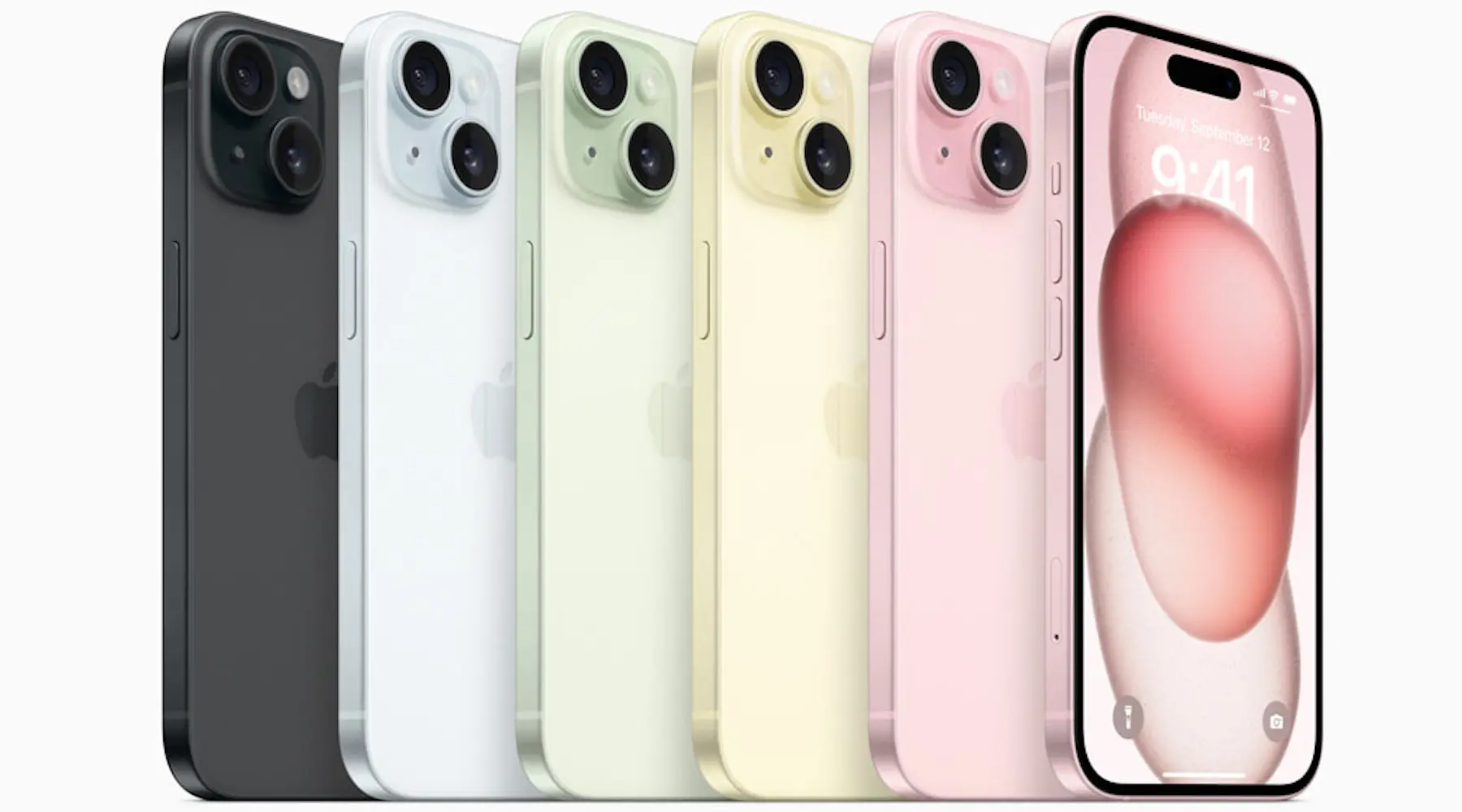 iPhone 15 and iPhone 15 Plus colours: black, blue, green, yellow, and pink.