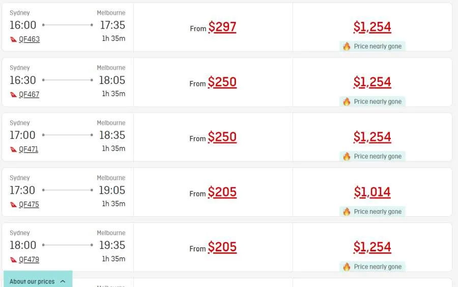 Sample Qantas fares