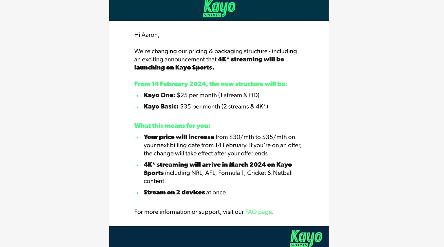 Kayo sports email communicating 