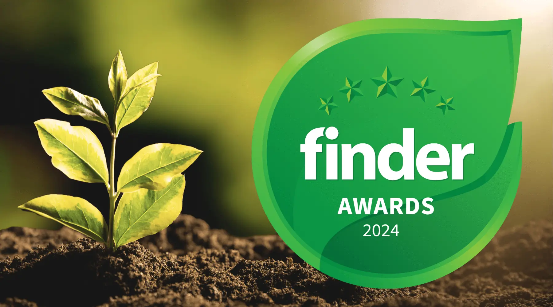 Finder Green Awards badge next to a sapling growing from some soil