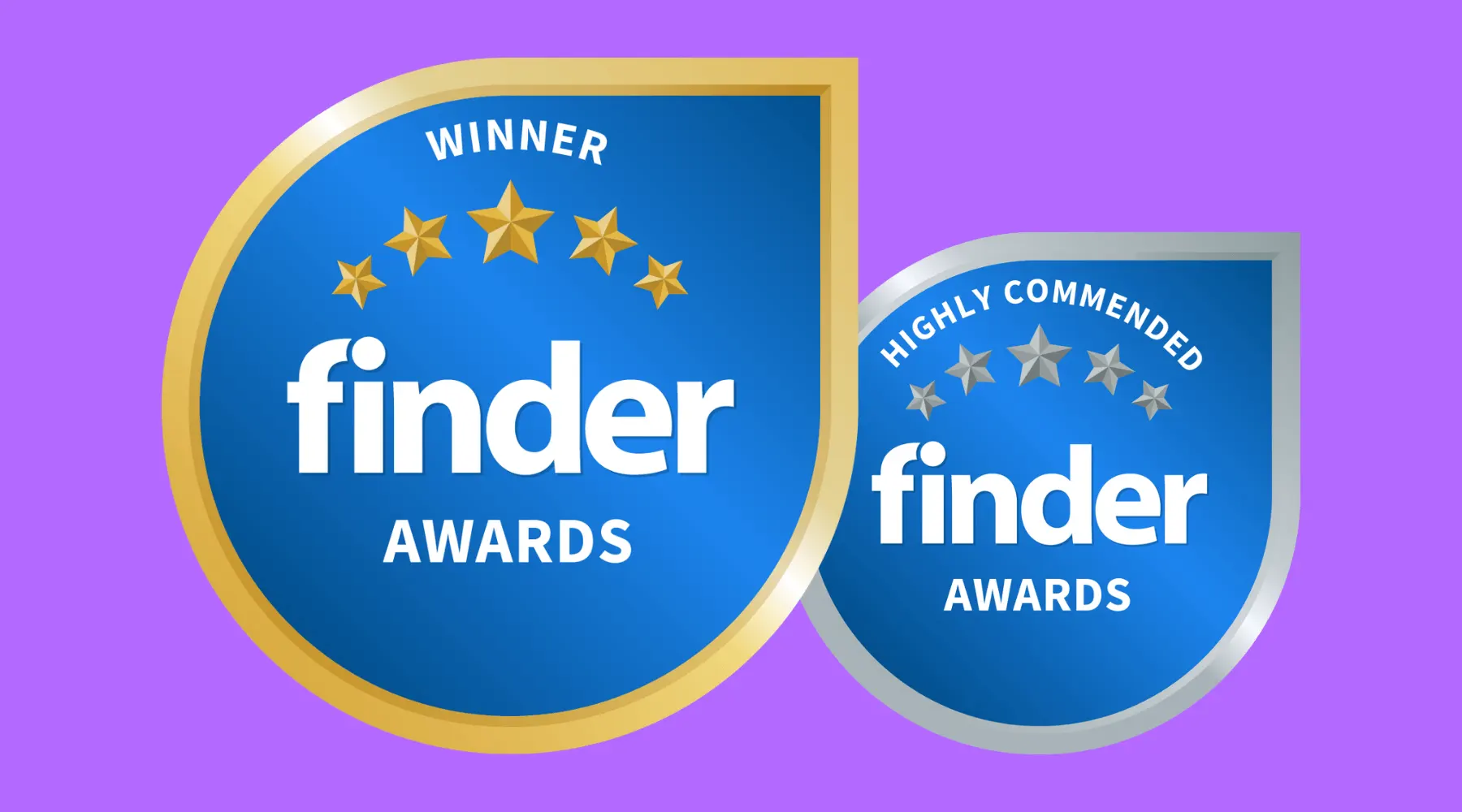 Blue, gold and silver Finder Awards badges on a purple background