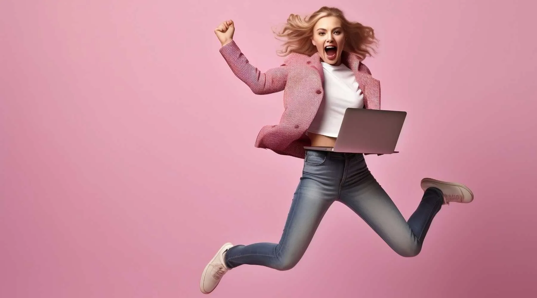 A woman jumping with a laptop in her hand