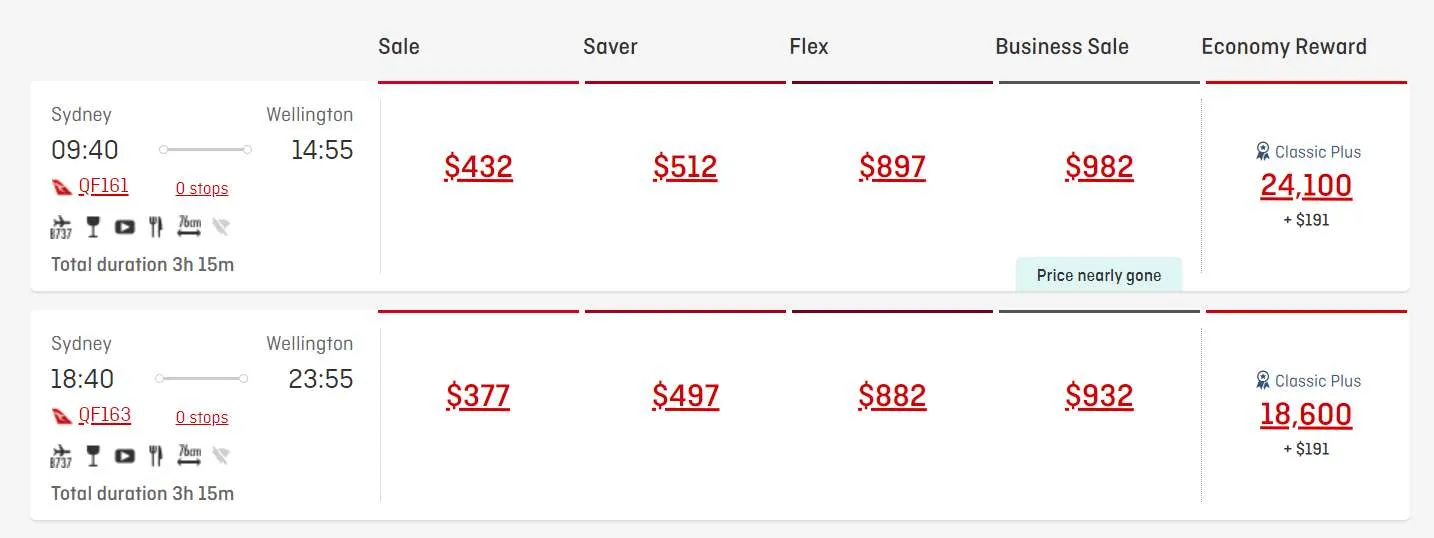 Example fares for Classic Plus