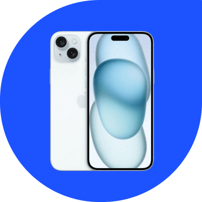 iPhone 15 and 15 Plus on Finder blue background