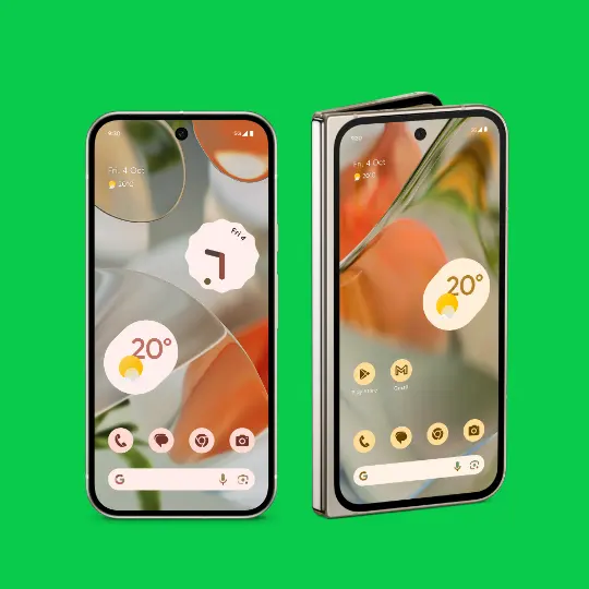 Pixel 9 and Pixel 9 Pro fold on green background