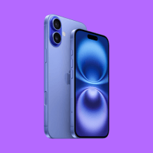 Apple iPhone 16 in Finder purple background