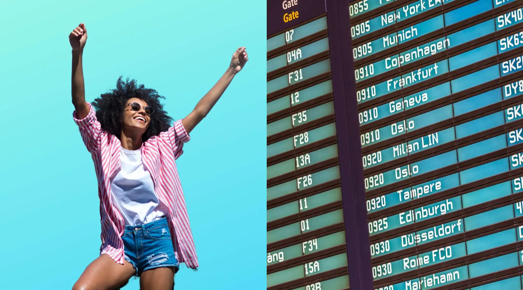 Woman jumping near a departure board