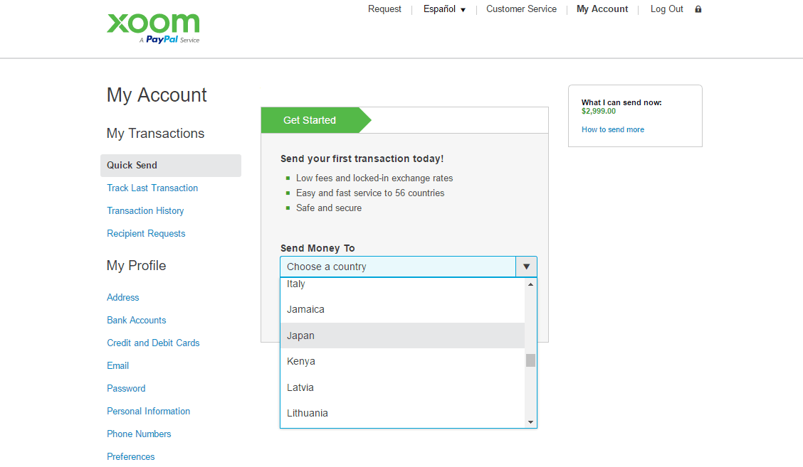 Xoom country selector webpage