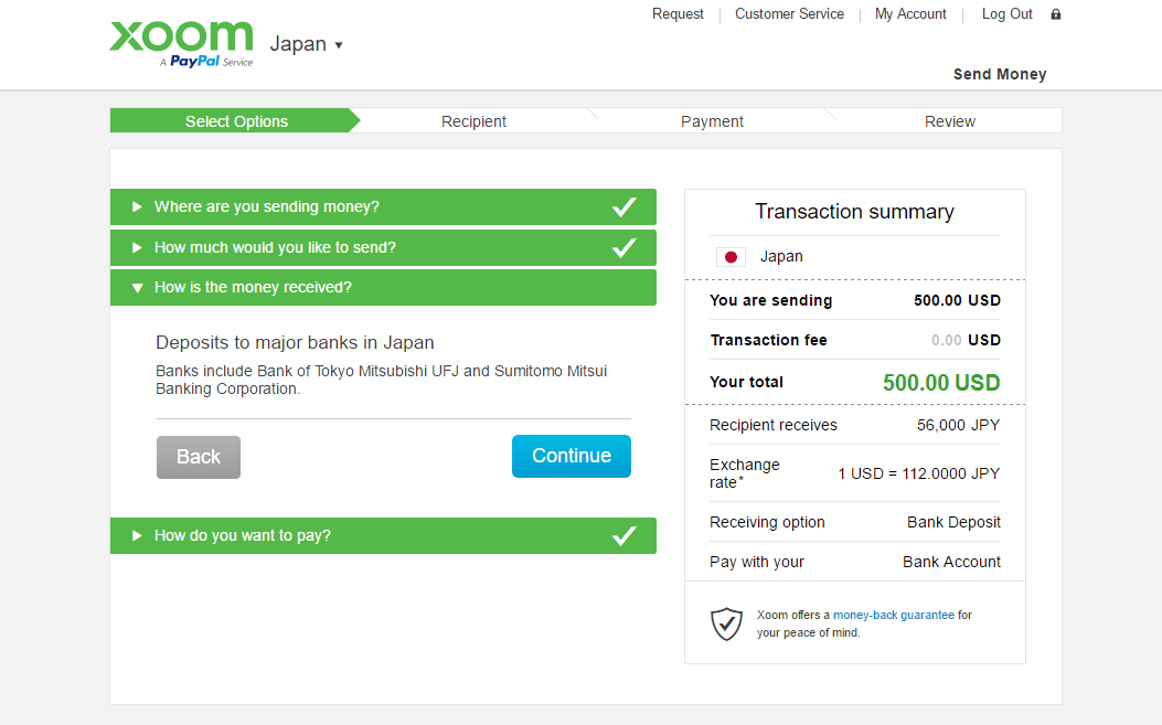 Xoom how money will be transferred webpage
