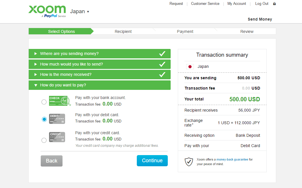 Xoom select payment method webpage