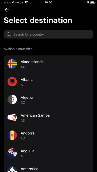 AU Revolut app screenshot showing how to create a new international payee