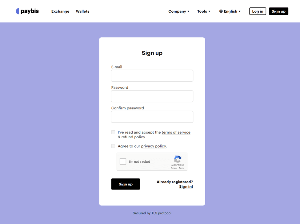 Paybis signup page